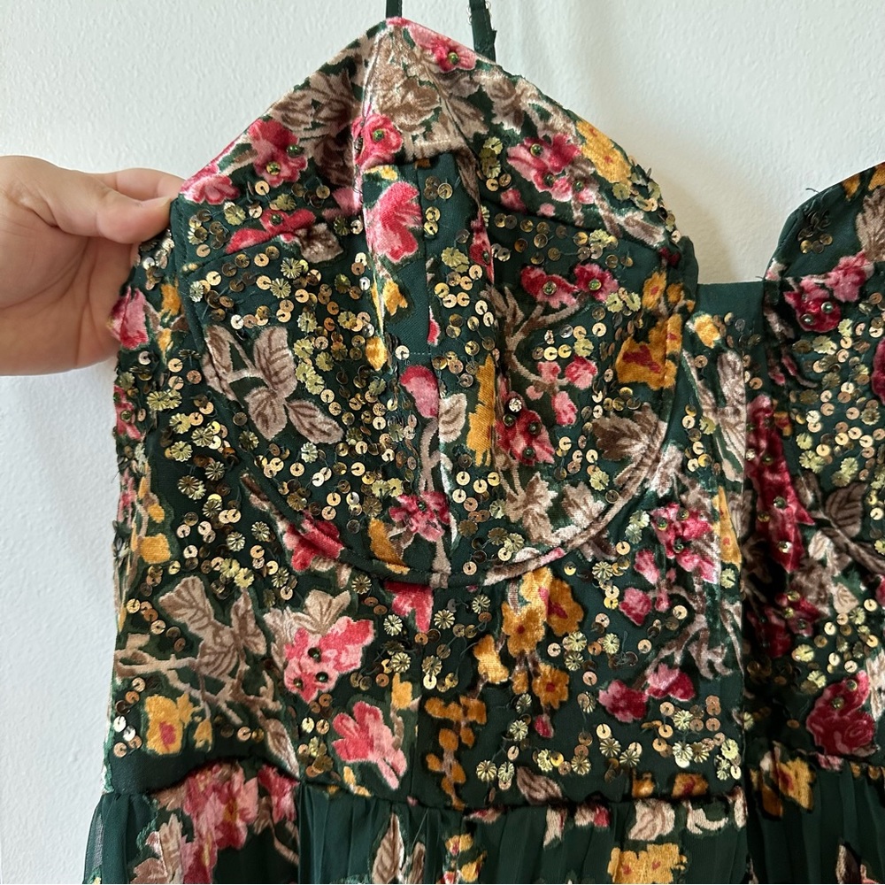 Anthropologie Floral Pleated Midi Dress - Green and Pink - Picture 5 of 12